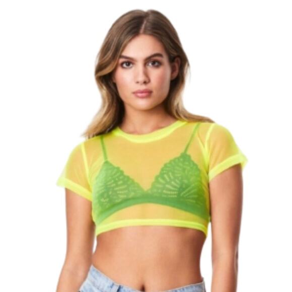 LF Emma & Sam Crop Top Mesh Crop Tee Neon Yellow Women's Medium Sheer Beach Top - Picture 8 of 8